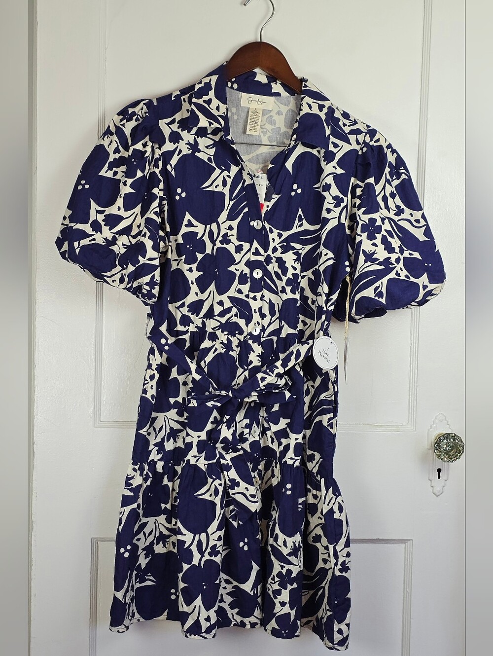 Jessica Simpson Blue and Ivory Floral Cotton Shirt Dress with Pockets NEW L